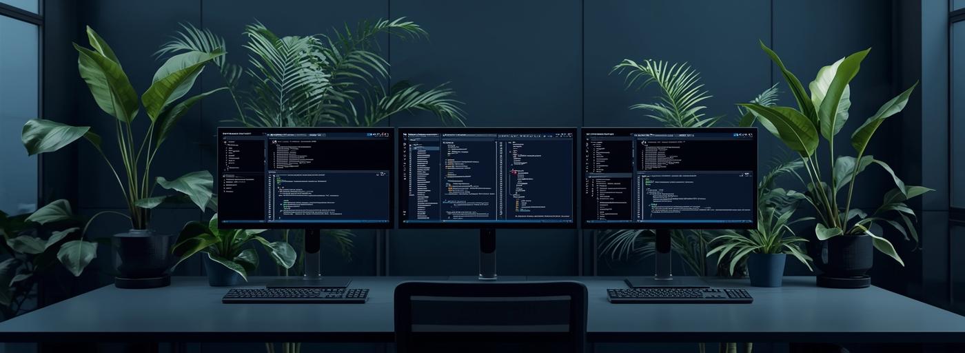 Engineering workstation with code across three monitors